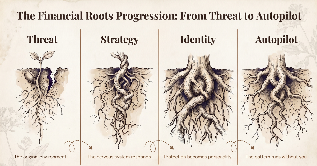 The Financial Roots Progression: From Threat to Autopilot — Threat, Strategy, Identity, Autopilot.